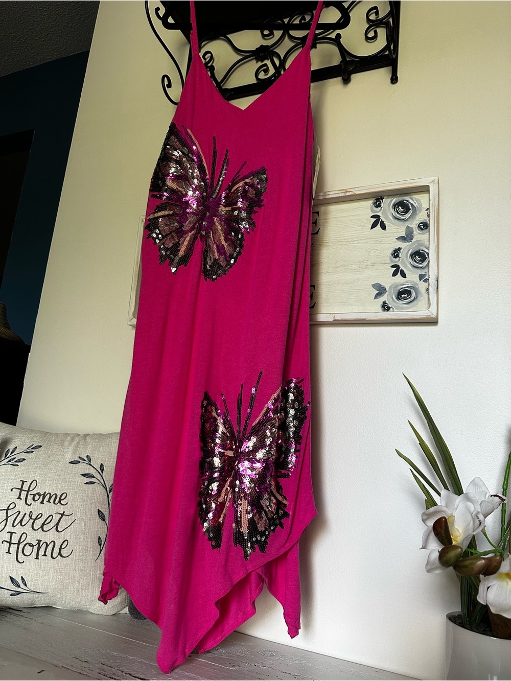 INC Hot Pink Sequin Butterfly Midi asymmetrical Dress adjustable straps